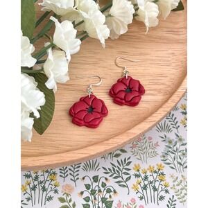 Red Poppy Flower Polymer Clay Earrings: Cottagecore Floral Jewelry